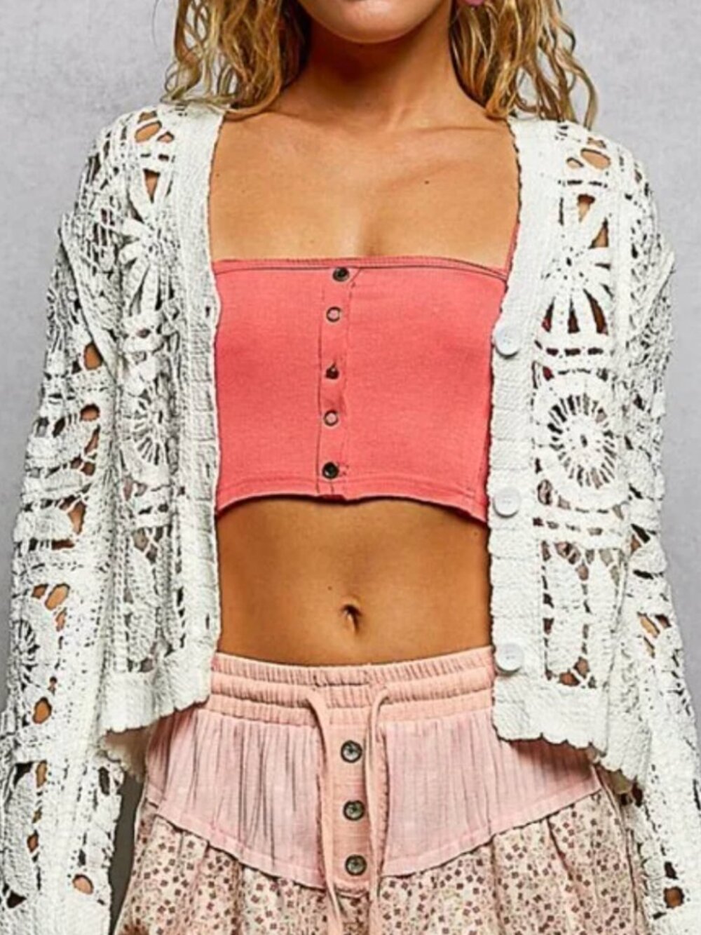 POL Off White Crochet Lace Cropped Cardigan | Boho Cottagecore